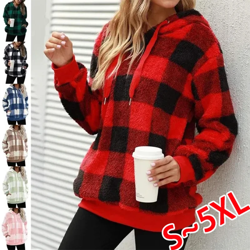 Women's Fashion Checkered Round Neck Pullover Casual Long sleeved Plush Hoodie Artificial Wool Pullover with Pocket Hoodie furry car armrest cover artificial wool fur soft fluffy auto center console box pad covers universal cars accessories purple