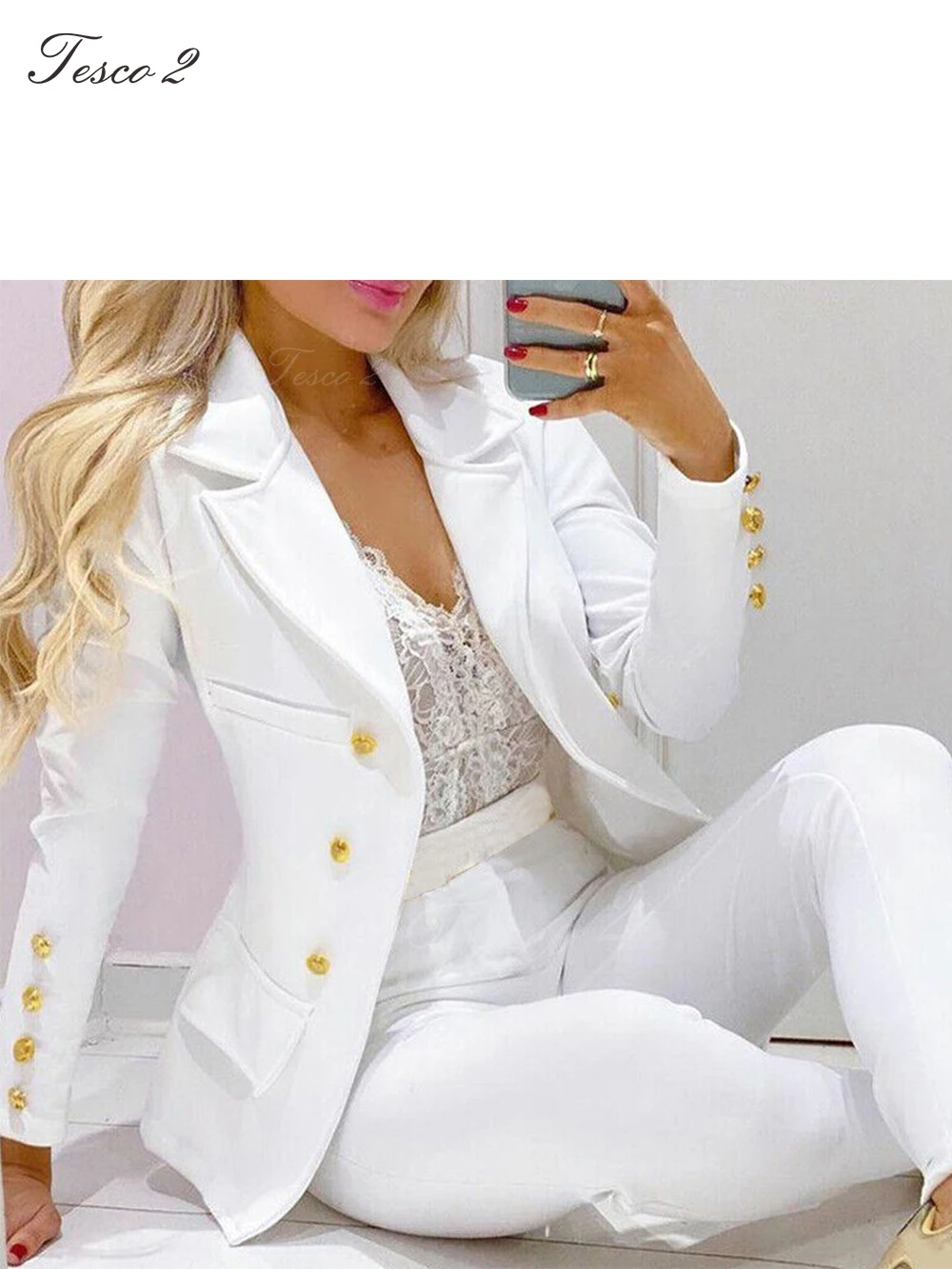Dentle Women Suit Button Decoration Long Seleeve Peak Lapel Office Lady Suit Chic And Elegant Woman Set For Wedding Party Suit