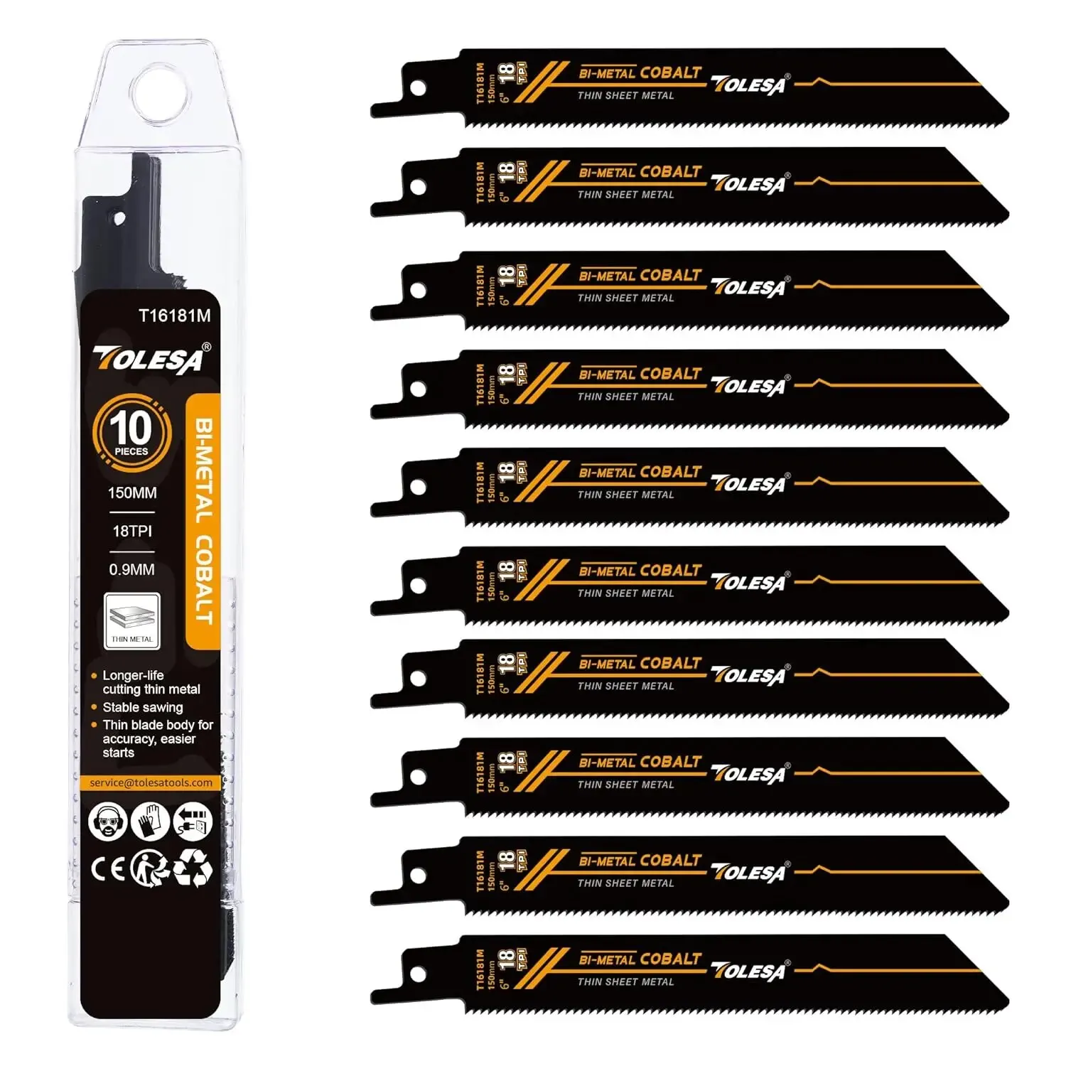 TOLESA 10PCS Біметалічні пильні леза для різання металу 150 мм/225 мм 18TPI Шабельні пилки з кобальтом для тонкого різання металу