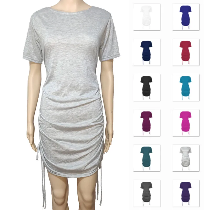 

Sexy Solid Color Slim-Fit Sheath Dress Women's Summer New Ribbed Drawstring Tight Round Neck Short Sleeve T-shirt