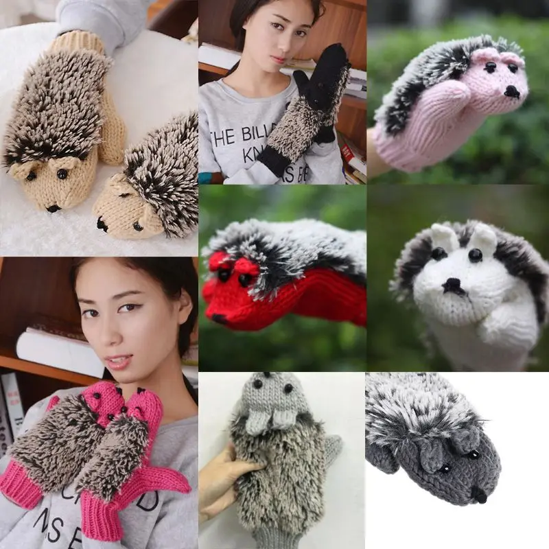 

Girl Hedgehog Knitted Full Finger Mittens Women Short Wrist Length Animal Gloves