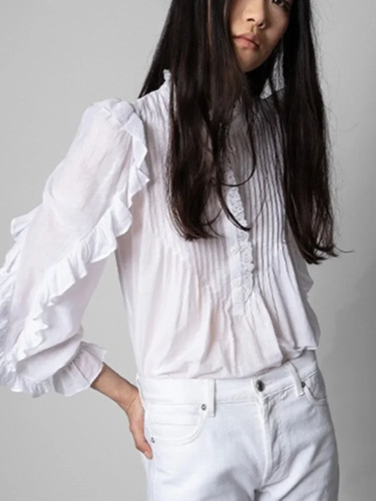 

Women Shirt Solid Color Lace Stitching Ruffles Chemise Front Buttons Spring New Casual Long Sleeve Blouse Tops