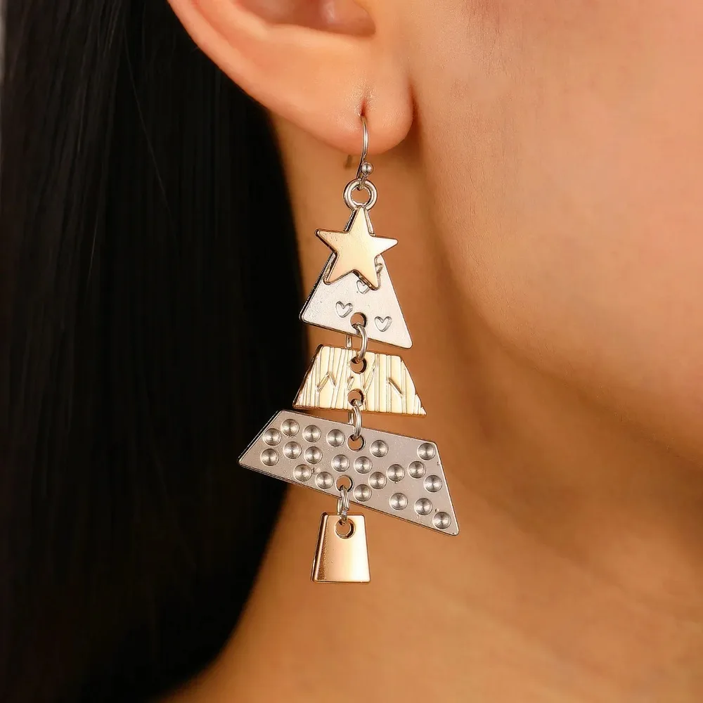 Vintage Metal Christmas Tree Long Drop Earrings for Fashion Women Girls Holiday Party Jewelry Acccessories Christmas Gift