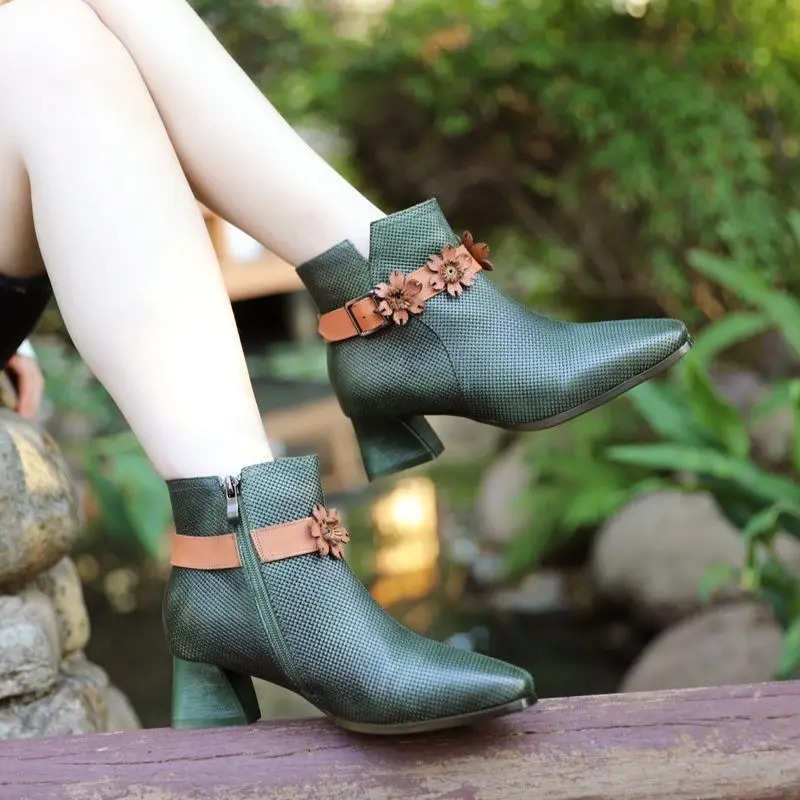 

4.5cm Ankle Mid Calf Boots Cow Genuine Leather Designer Luxury Authentic Elegance Flower Women Spring Autumn Chunky Heels Shoes