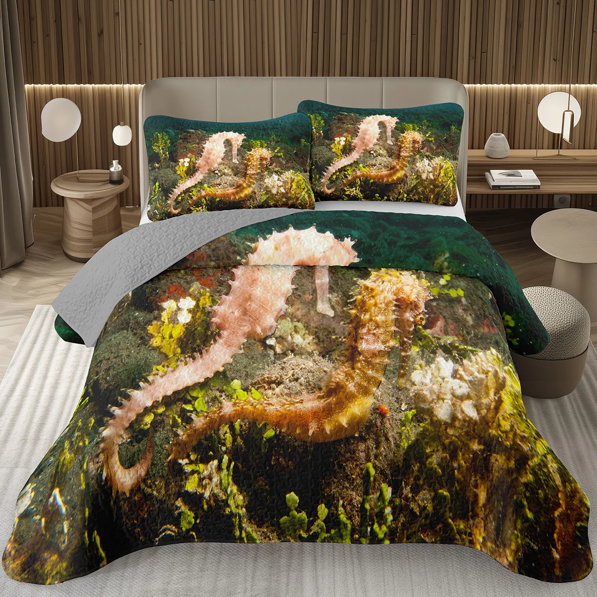 Seahorse Bedspread 퀸 사이즈 3D 해마 인쇄 침구 세트 바다 동물 퀼트 침대보 해양 지중해 스타일 침대 커버