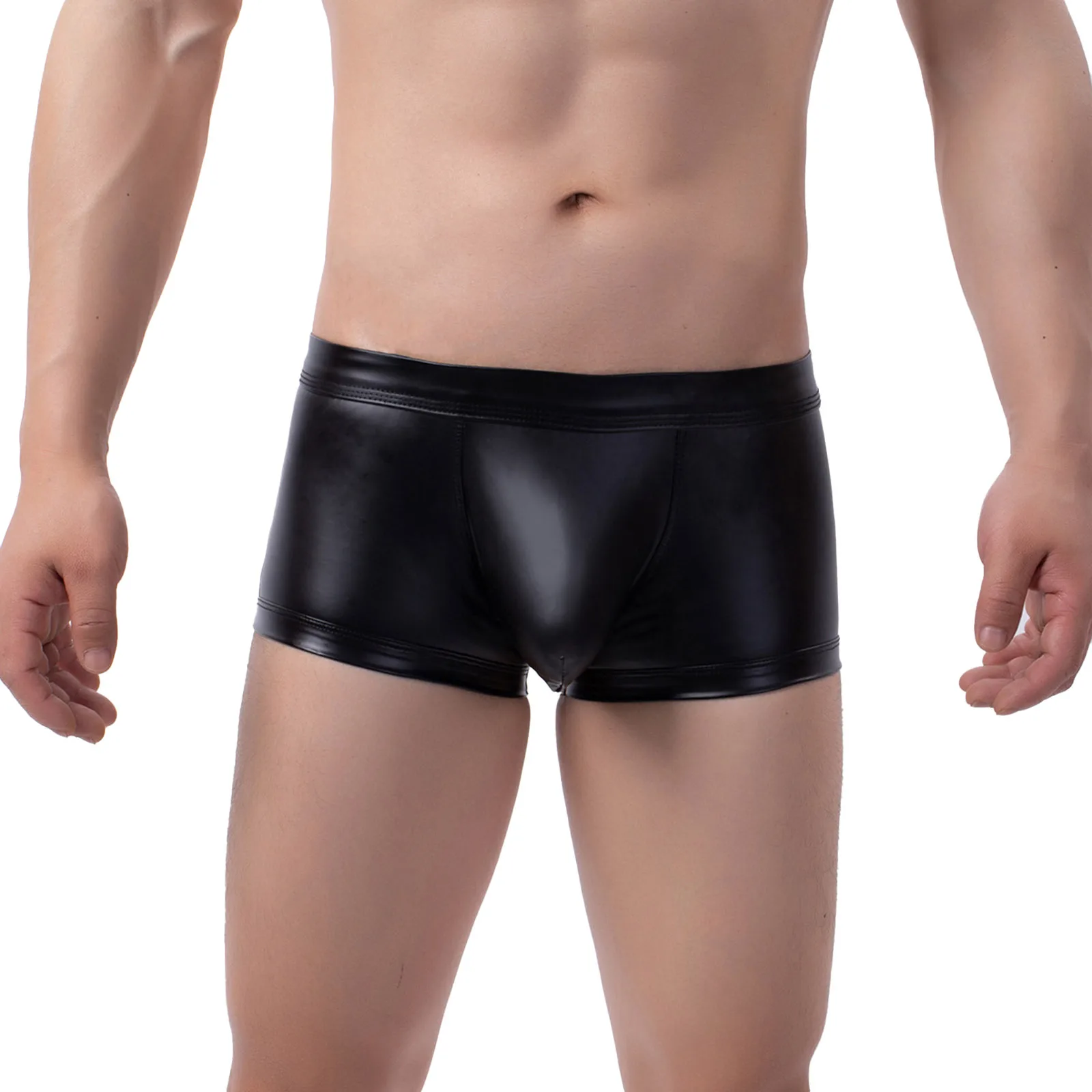 

Mens Cutout Back Faux Leather Boxers Briefs Bulge Pouch Underpants Open Butt Underwear Nightclub Stage Performance Costume