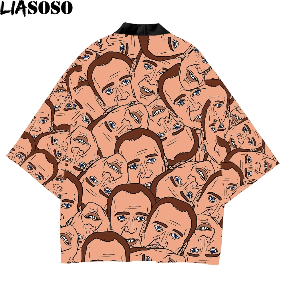 LIASOSO Newest Funny Actor Nicolas Cage Women's Men's Kimono Slim Print Buttonless 3D Japanese Casual Summer 3/4 Sleeve Shirt