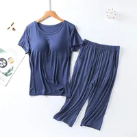 2026 summer new ladies modal pajamas two-piece suit with chest pad short-sleeved cropped trousers plus size home service set - Image 4