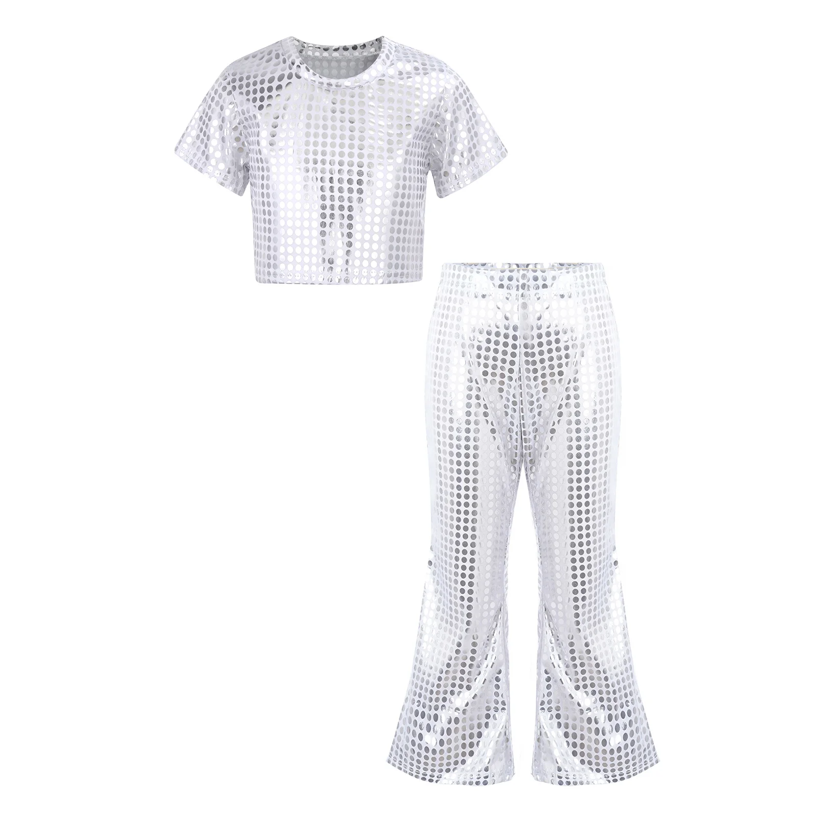 Kinder Mädchen glänzend metallisch Jazz Hip Hop Tanz Disco Rave Party Bühne Performance Kostüm Kurzarm Crop Top mit ausgestellten Hosen – Detail 28