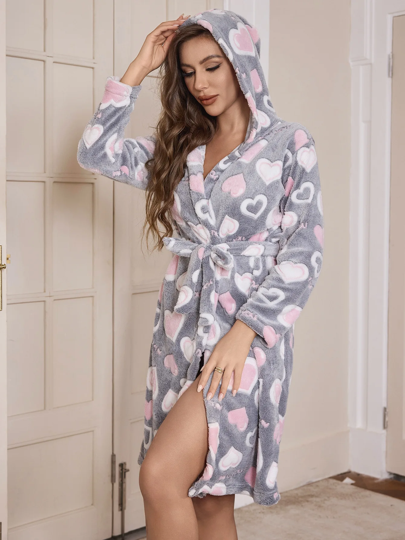 Women’s Winter Plush Velour Robe – Luxury Mid‑Calf Corduroy‑Style Nightwear Long‑Sleeved Tie‑Waist Warm Homewear