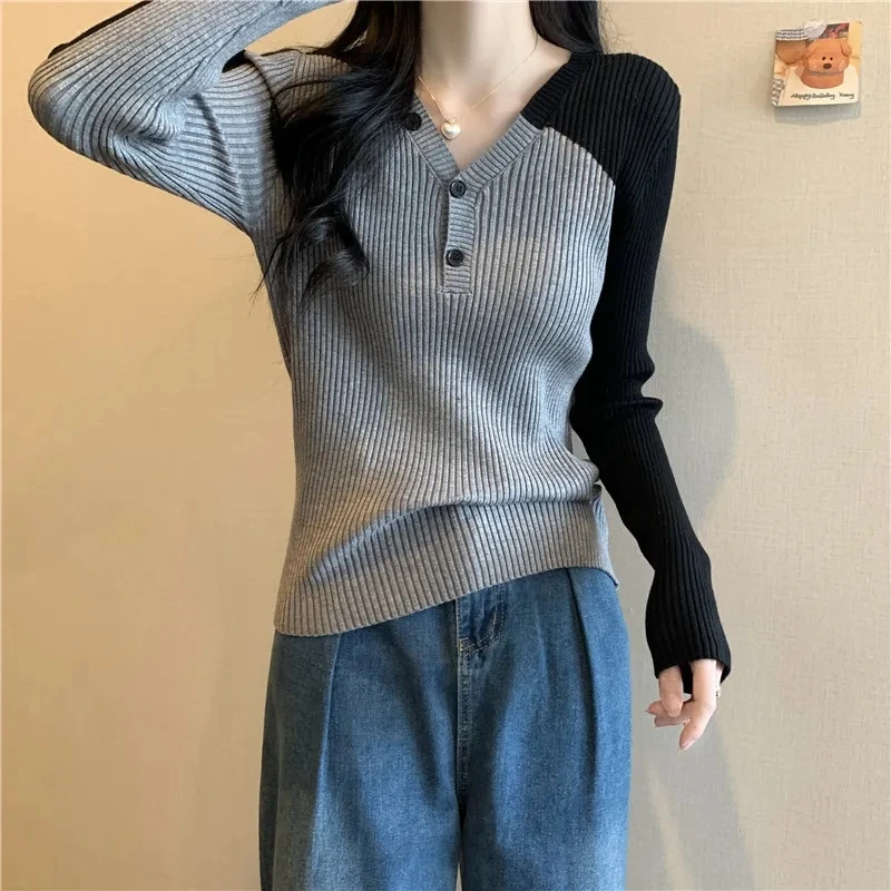 

Stylish Large Size Knit Pullovers Women's Clothing 2023 New Spring Autumn V-Neck Slim Knitted Sweater Girls Jersey Tops BC412