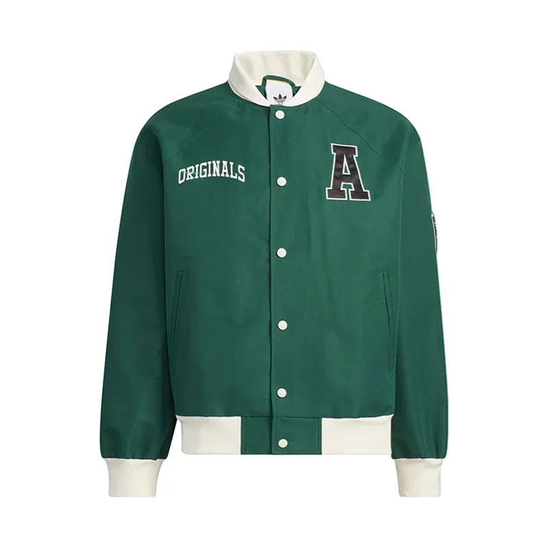 Adidas Jacket Men Baseball Jersey, Stand Up Collar Jacket, Plain Weave Polyester Sand, Black Green Smooth Windproof
