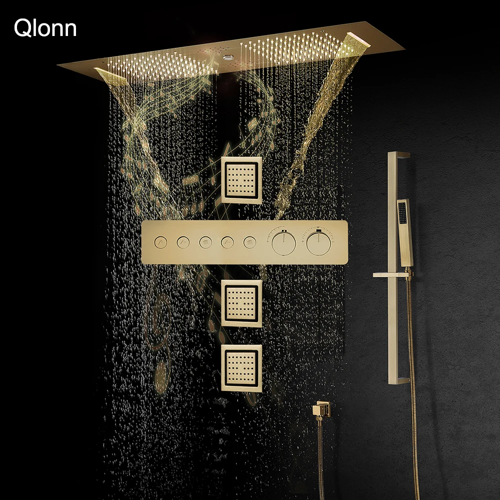 

Qlonn 35*12 Inch Large Gold Shower System Bathroom Spa Emotional Appeal Couple Rain Shower Head Thermostatic Showers Faucet Set