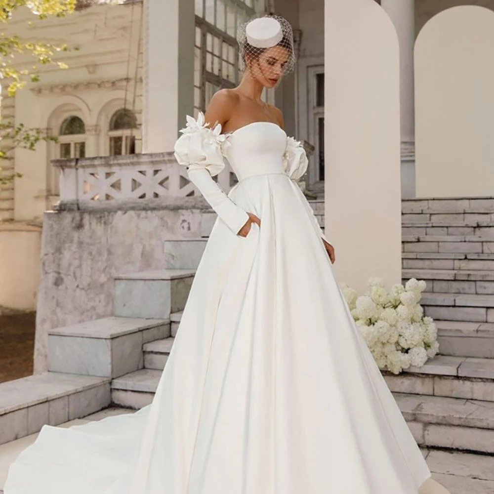 

Elegant Sweetheart White Wedding Dress For Women 2023 Appliques Long Puff Sleeves A Line Simple Customize To Measures Robe De