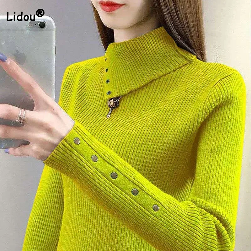 

Women's Clothing Korean Solid Color High-neck Knitted T-shirt Autumn Winter All-match Chic Patchwork Long Sleeve Slim Sweaters
