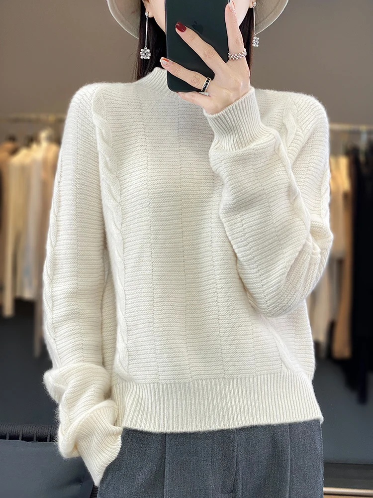 

Korean Version Knitted Sweater for Women, 100% Merino Wool, Half High Neck Sweater, Loose and Slim Pullover, Fashionable Tops