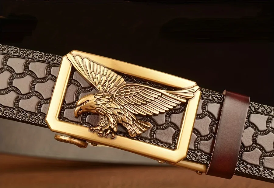 Herren-Business-Vintage-Gürtel mit automatischer Schnalle – echtes Leder mit Adler- und Blumenschnitzereien, perfektes Geschenk für Ehemann oder Vater – Detail 3