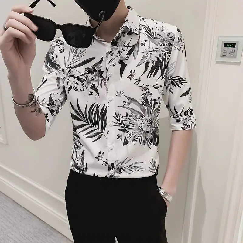 Summer New POLO Collar Fashion Half Sleeve Shirt Man High Street Casual Slim Button Cardigan England Printing All-match Y2K Tops