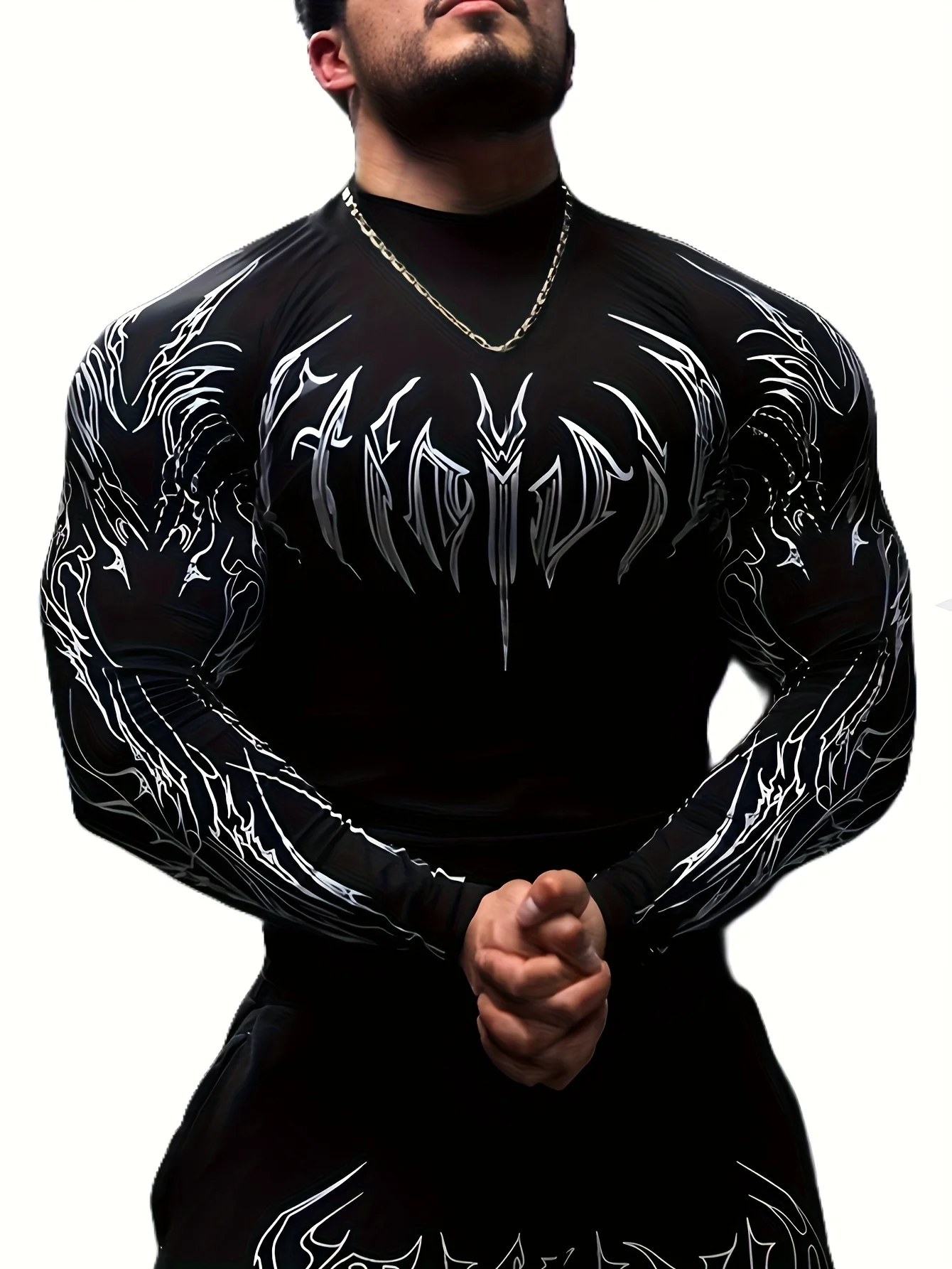 Eng anliegendes Herren-Langarmshirt mit geometrischem Print, hochgeschlossenes Fitness-T-Shirt, geeignet für das Fitnessstudio, saisonale Sportbekleidung für Herren