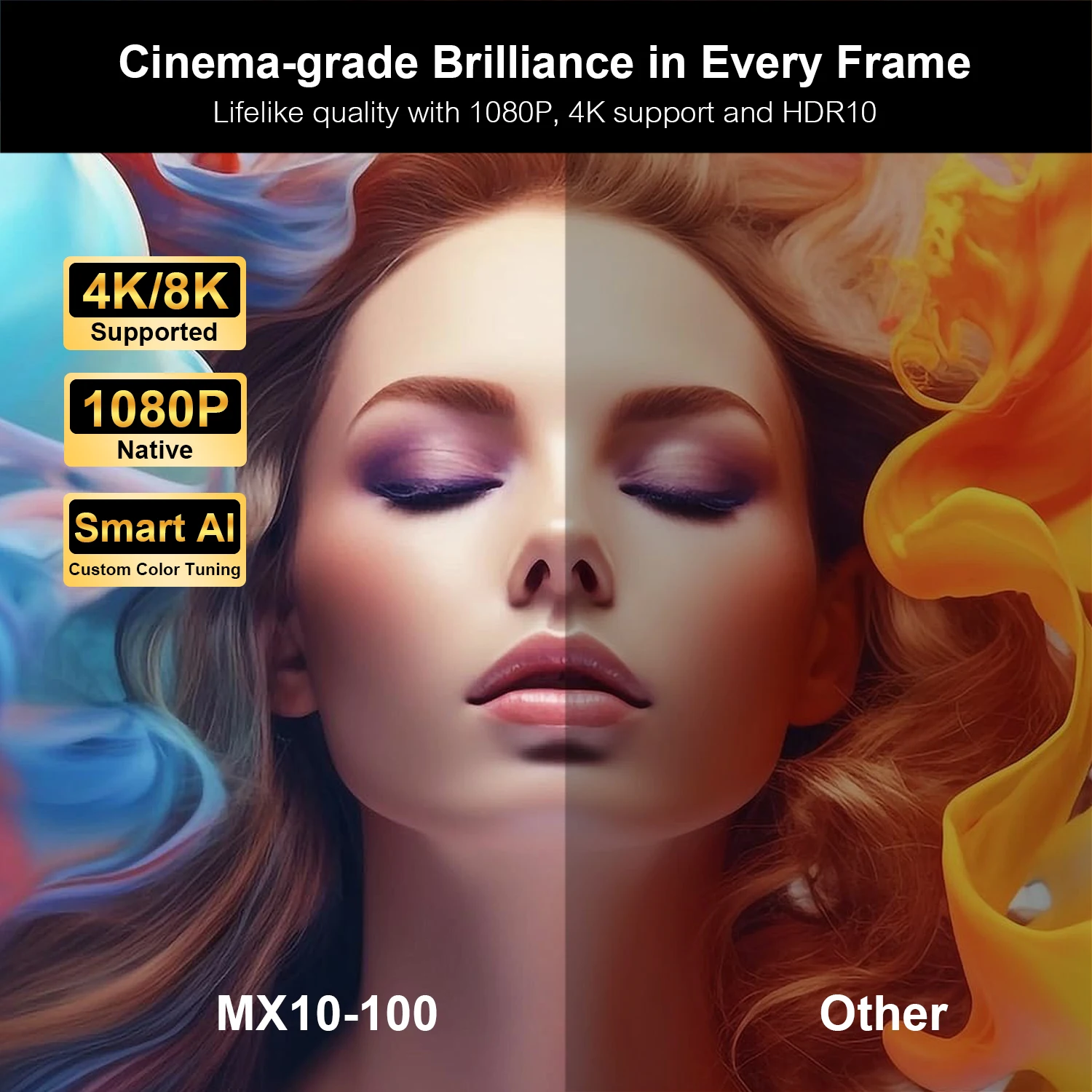 스마트 안드로이드 13 MX10 -100 프로젝터 900ANSI 루멘스 네이티브 1080P 4K 지원 자동 초점 및 키스톤 보정 홈 시네마 빔 프로젝터