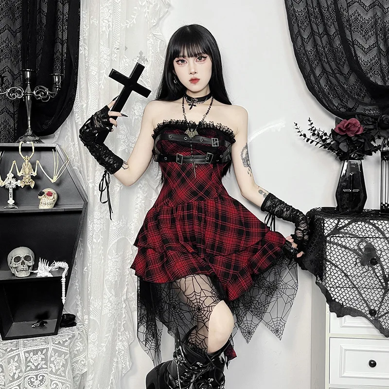 Y2K Black Bandage Summer Party Dresses for Women Goth Sexy A-Line Sleeveless Plaid Bodycon Mini Vestido Short Dresses Streetwear 4