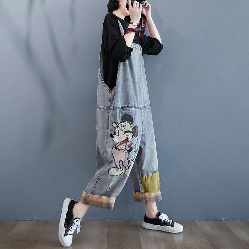 Potdemiel Average Loose Jumpsuit Elegant Denim Strap Pants Women's Spring Autumn Age-Reducing Cropped Wide-Leg Harem Trousers