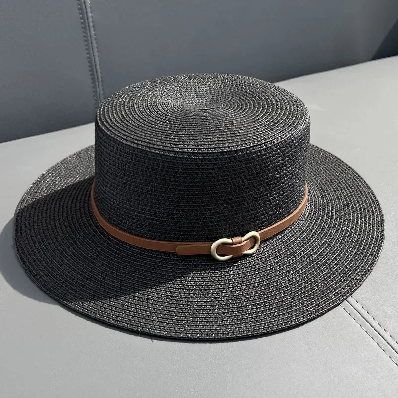 2023 Simple Straw Summer Women Beach Hat Female Casual Panama Hat Lady Brand Women Flat Brim Bowknot Straw Cap Girls Sun Hat