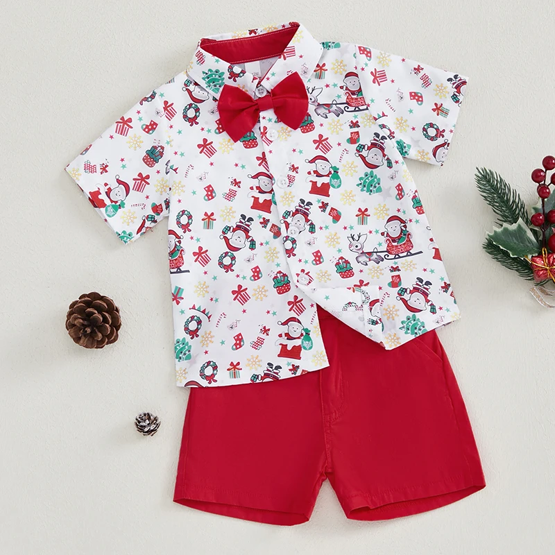 Description Picture 4 of itemToddler Boys Christmas Outfits Santa Print Bowtie Short Sleeve Shirts Tops and Shorts 2Pcs Gentleman Clothes Set