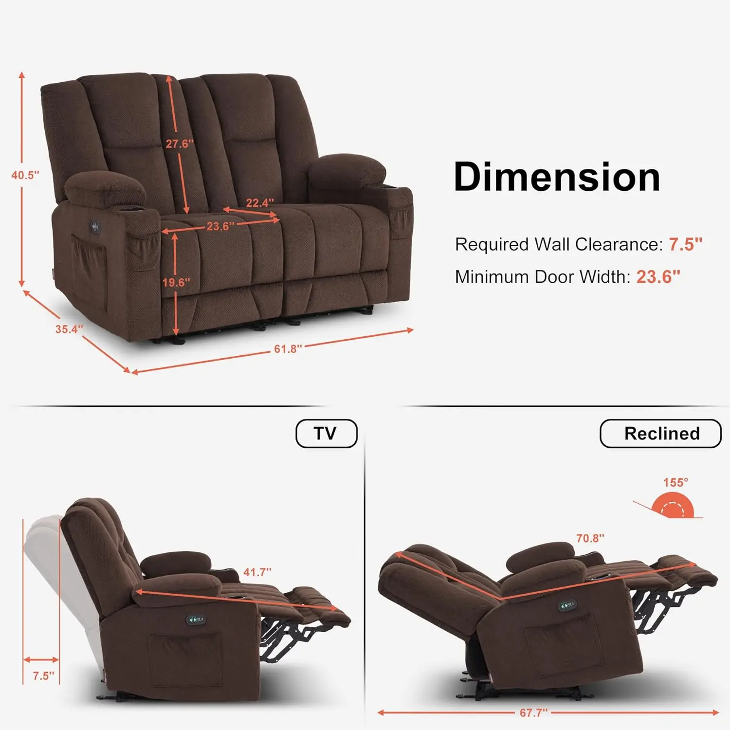 61.8" Power Loveseat Recliner with Heat and Vibration, Fabric Electric Reclining Loveseat, USB Charge Port 3