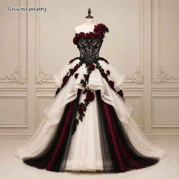 Abito da Sposa Gotico Nero Bordeaux Monospalla in Tulle Avorio con Corsetto in Pizzo e Fiori 3D, Abiti da Sposa Medievali Personalizzabili