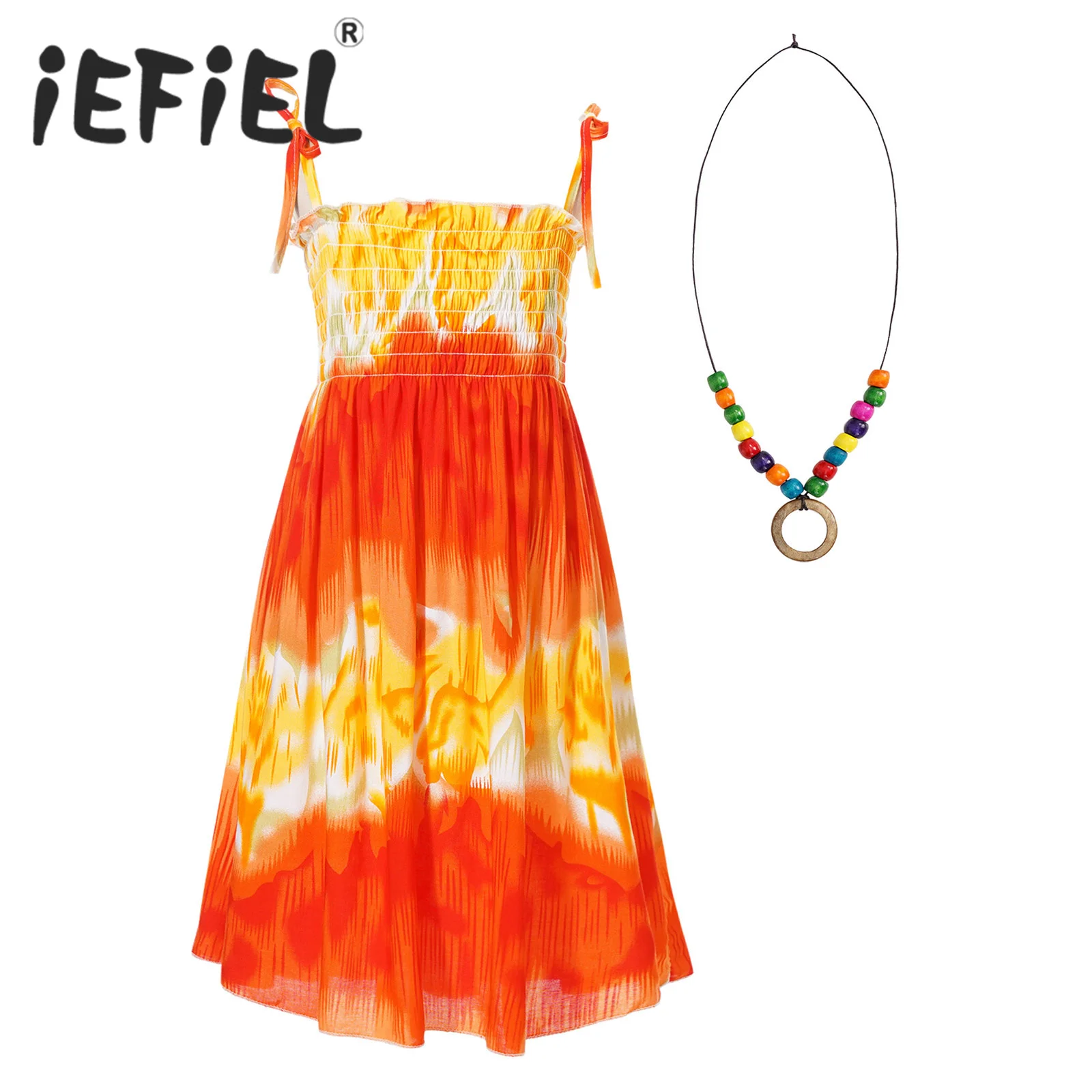 Kids Girls Summer Casual Dress Tropical Boho Floral Print Sundress Self-Tie Straps Elastico Increspato A-Line Beach Travel Dress