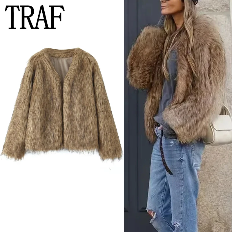 

TRAF Furry Faux Fur Coat Women Vintage Fluffy Plush Jacket Woman Long Sleeve Winter Women's Cold Coat Luxury Elegant Short Coats