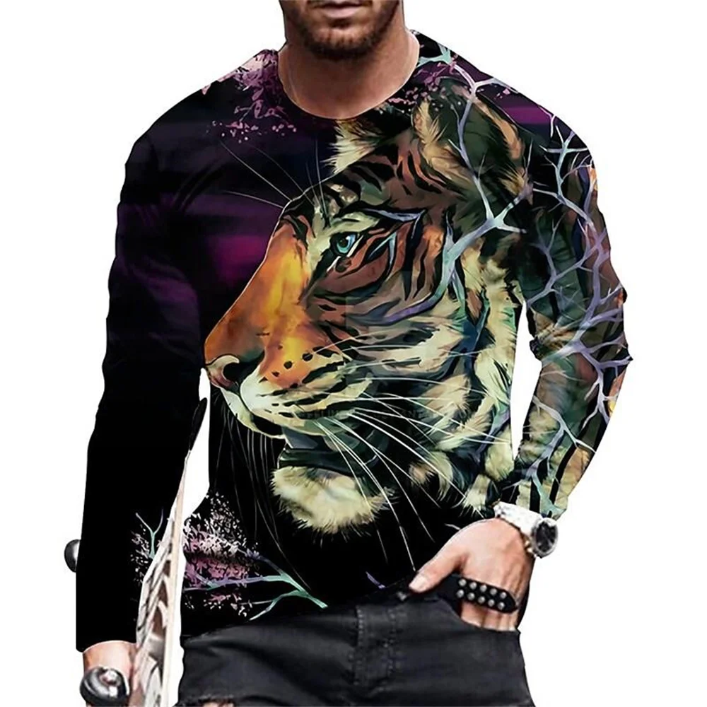 

Vintage Print T-shirt 3d Tiger&lion Shirt Animal Long Sleeve Loose O- Neck Summer Animal Tops Oversized 6xl Men's Clothes