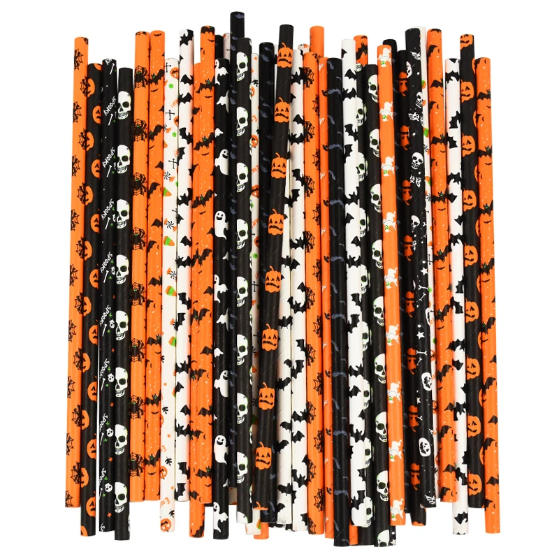 25/50 Pcs Halloween Black Orange Paper Straws Pumpkin Bat Spider Web Pattern Paper Drinking Straws for Halloween Party Supplies disposable paper straws