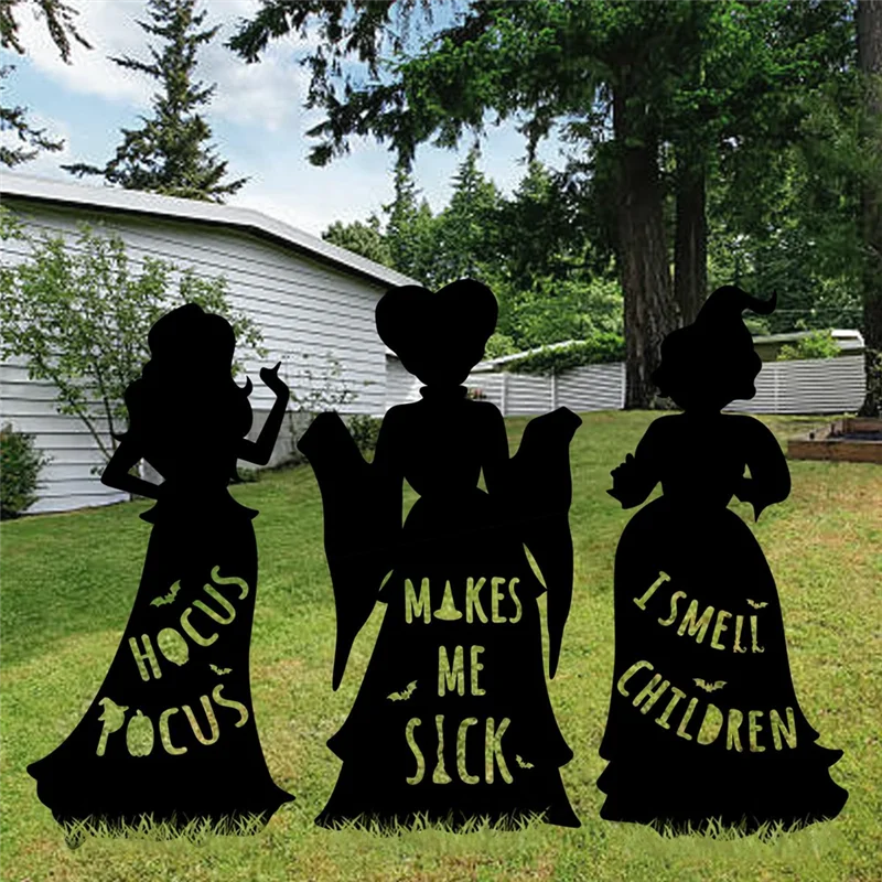 B03C-1Pcs Witch Halloween Decorations Outdoor Black Hocus Pocus Witches, Halloween Silhouette Yard Signs With Stakes Easy To Use