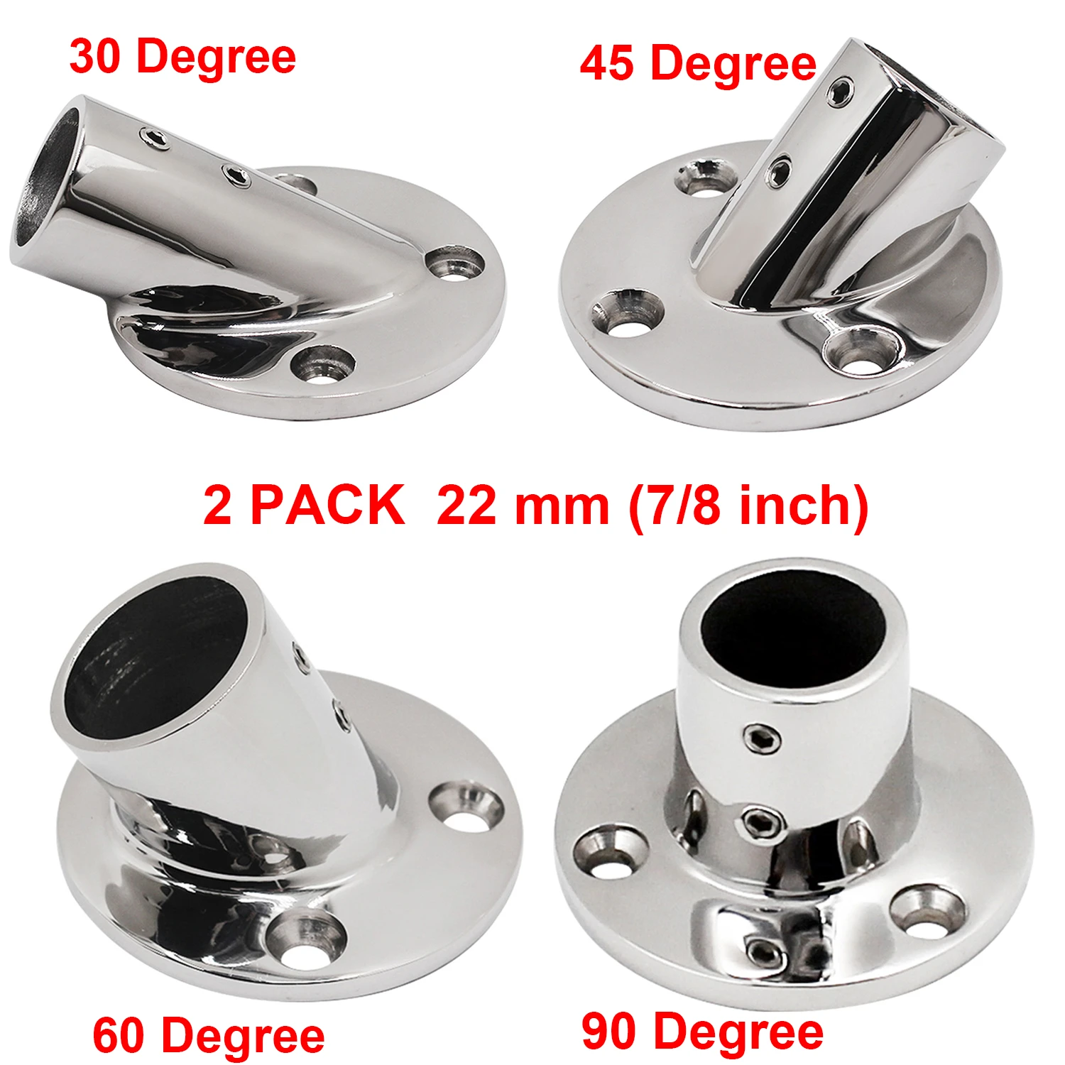 2 PCS 22mm (7/8 inch) Stainless Steel 316 Boat Handrail Fitting Tube Pipe Base Stanchion 30/45