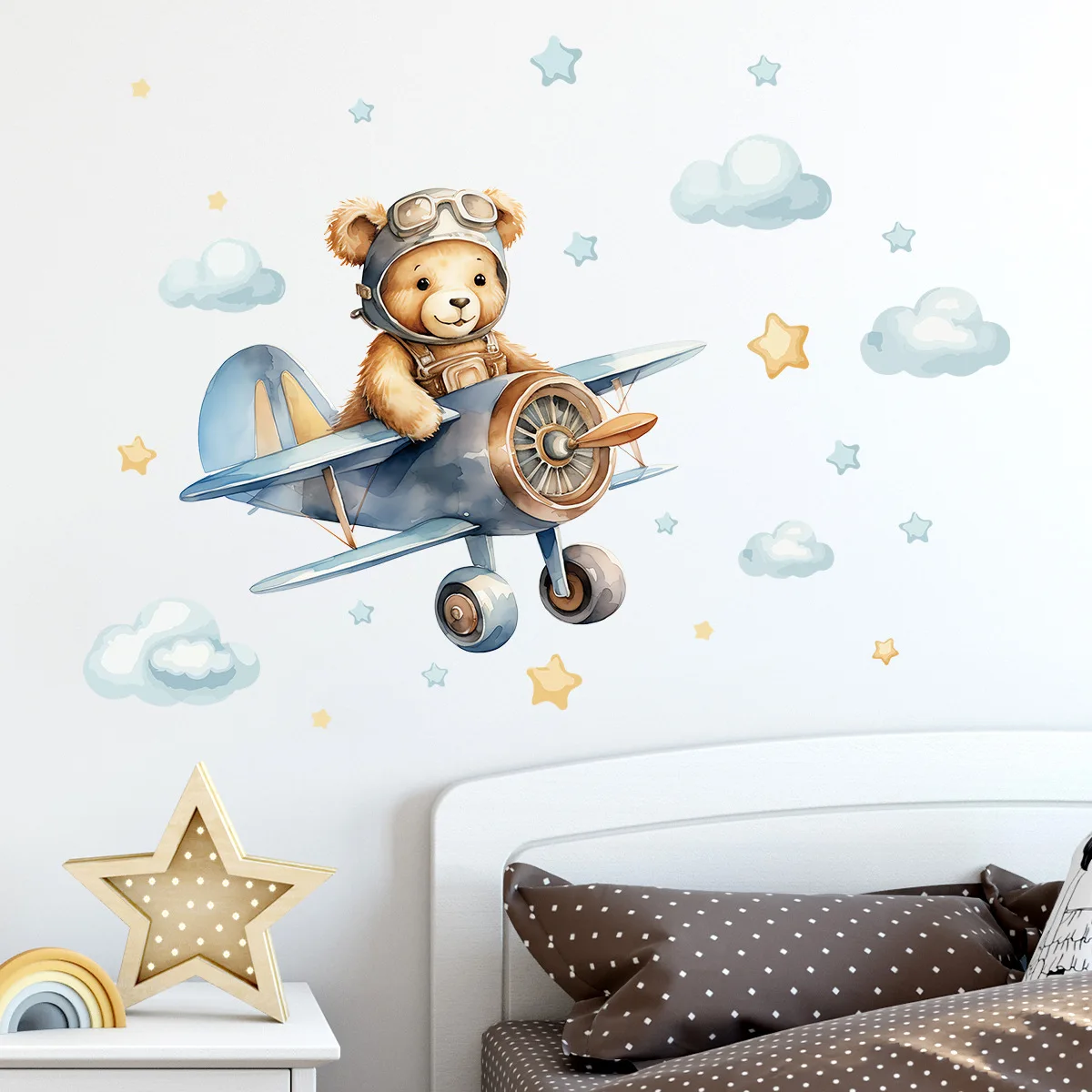 Cartoon Flying Airplane Bear Wall Stickers Self-adhesive Pvc Decals Kids Room Living Room Nursery Classroom Wall Decoration