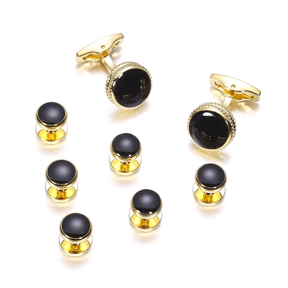 Cufflinks for Men TOMYE XK23021 Fashion Classic Black Golden Round 8 Pieces Set Formal Casual Dress Shirt Cuff Links Gifts