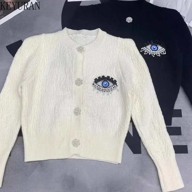 Peals Beading Knitted Cropped Cardigan Jacket Women\'s New Autumn Winter O-Neck Black White Long Sleeve Tops Sweater Mujer Jumper