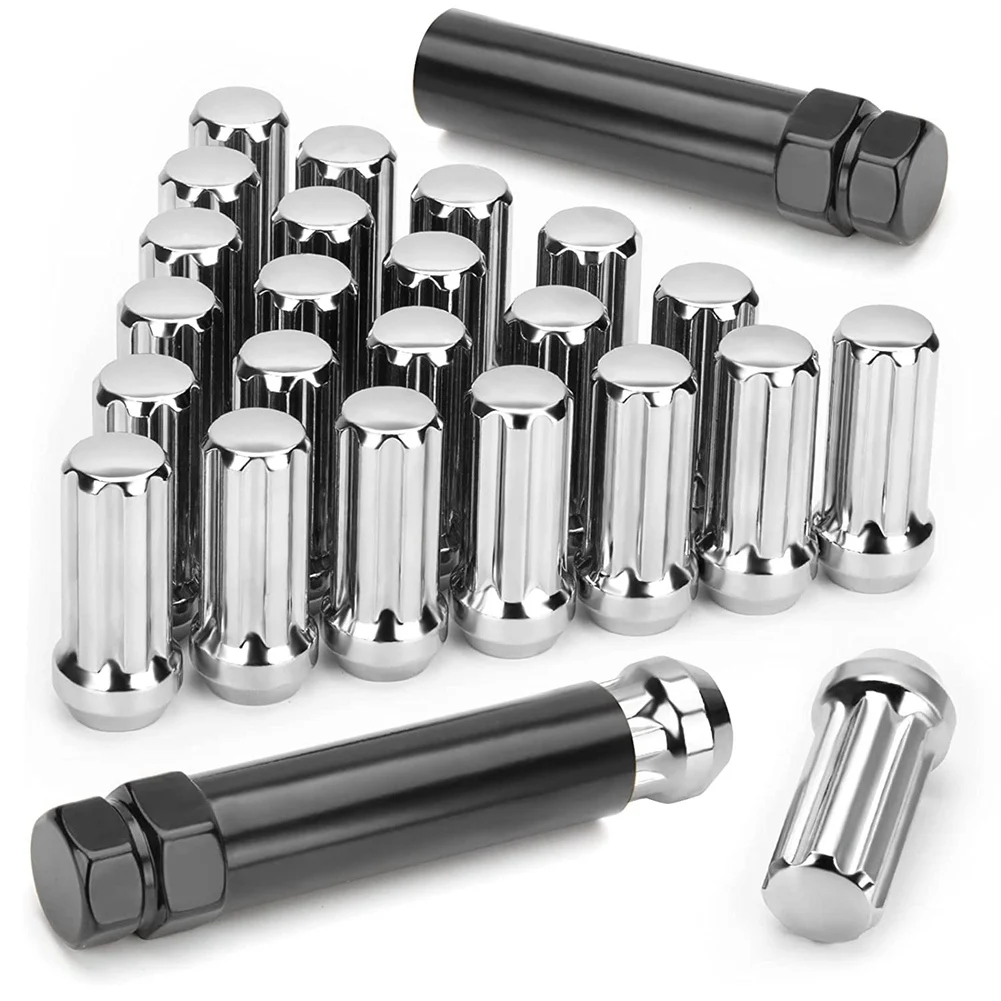 

M14X1.5 Wheel Lug Nuts,24 Pieces 14mmx1.5 7 Spline Drive Awl Acorn Cone Lug Nuts 2 inch Long Black with 2 Socket Key