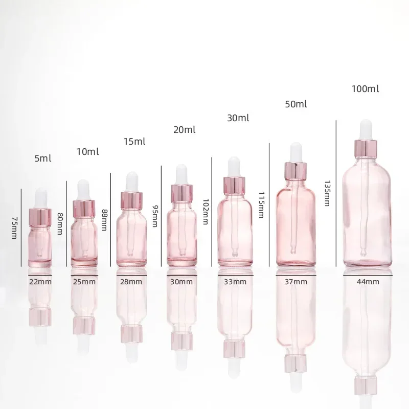 Dropper Bottles Refillable 5-100ML Rose Lid Cosmetic Container Pink Glass Aromatherapy Liquid for Essential Massage Oil Pipette 6