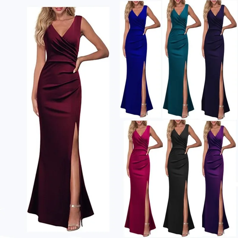 

Women's Summer Sexy V-neck Halter Dress Slim Sleeveless Slit Long Dress Solid Color Fashion Dinner Party Temperament Dress