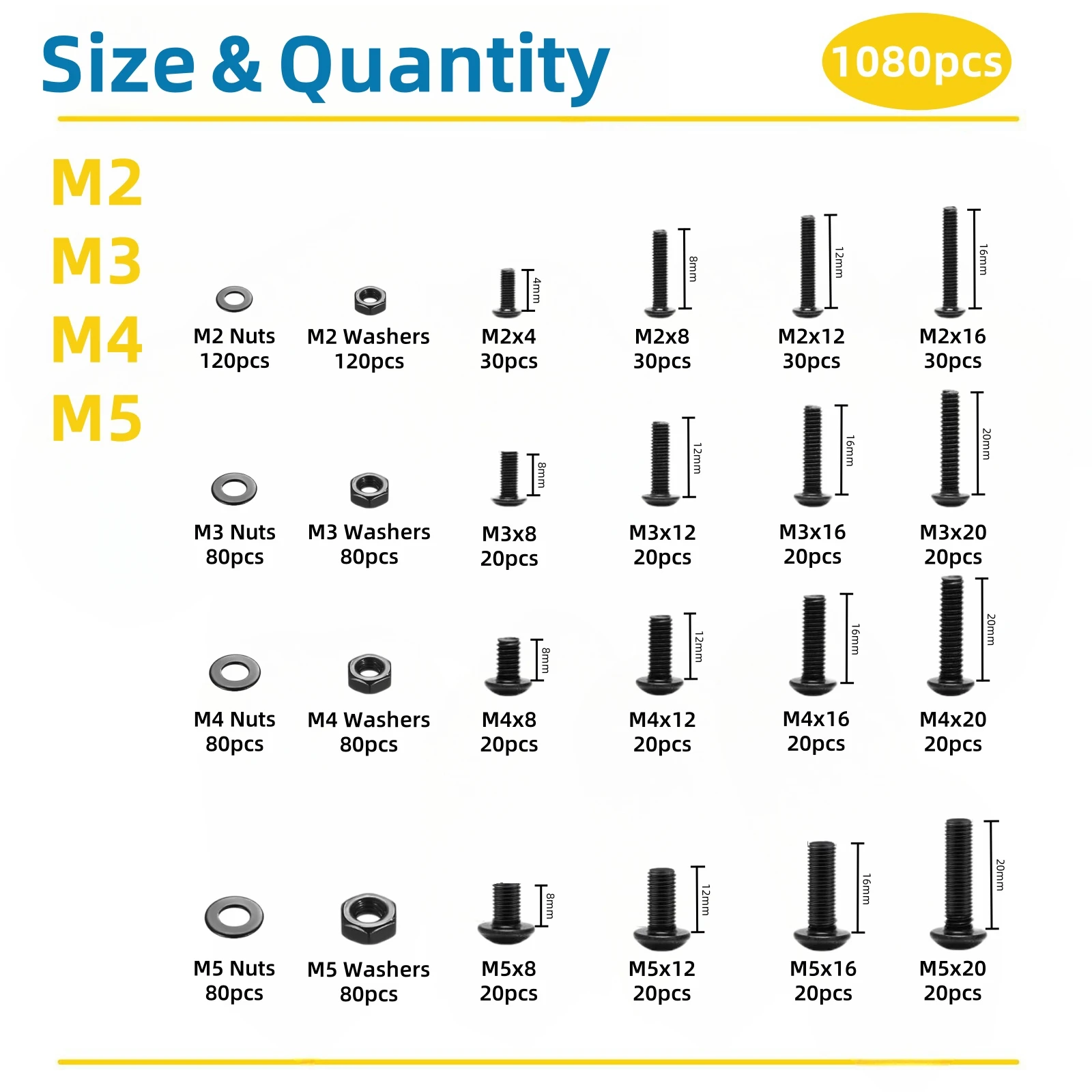 WZHUIDA M2 M3 M4 M5 Metric Bolts and Nuts Assortment Kit Button Head Hex Socket Cap Screws Bolts and Hex Nuts with Wrench
