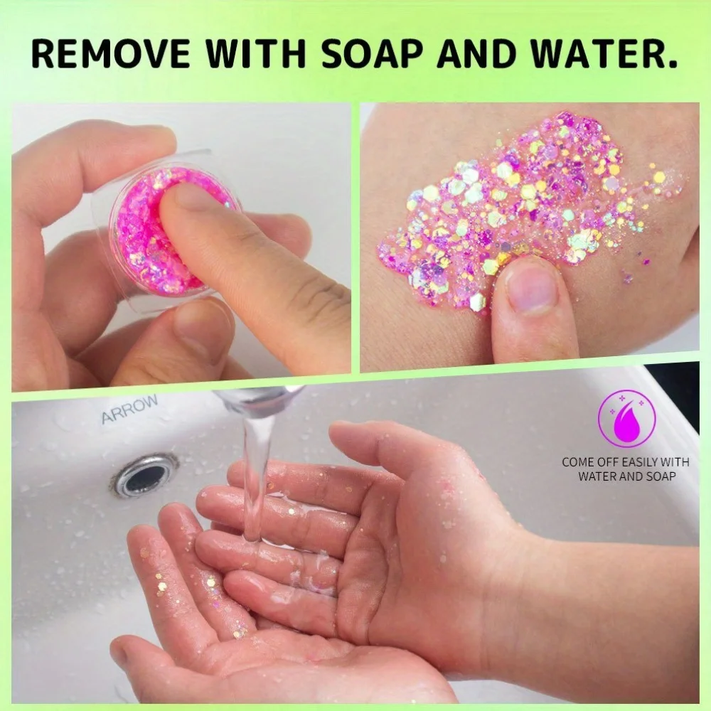 6 Stück im Dunkeln leuchtendes Glitzer-Gel auf Wasserbasis, grober Glitzer für Mardi Gras, Weihnachten, Karneval, Rave-Festival-Outfits – Detail 6