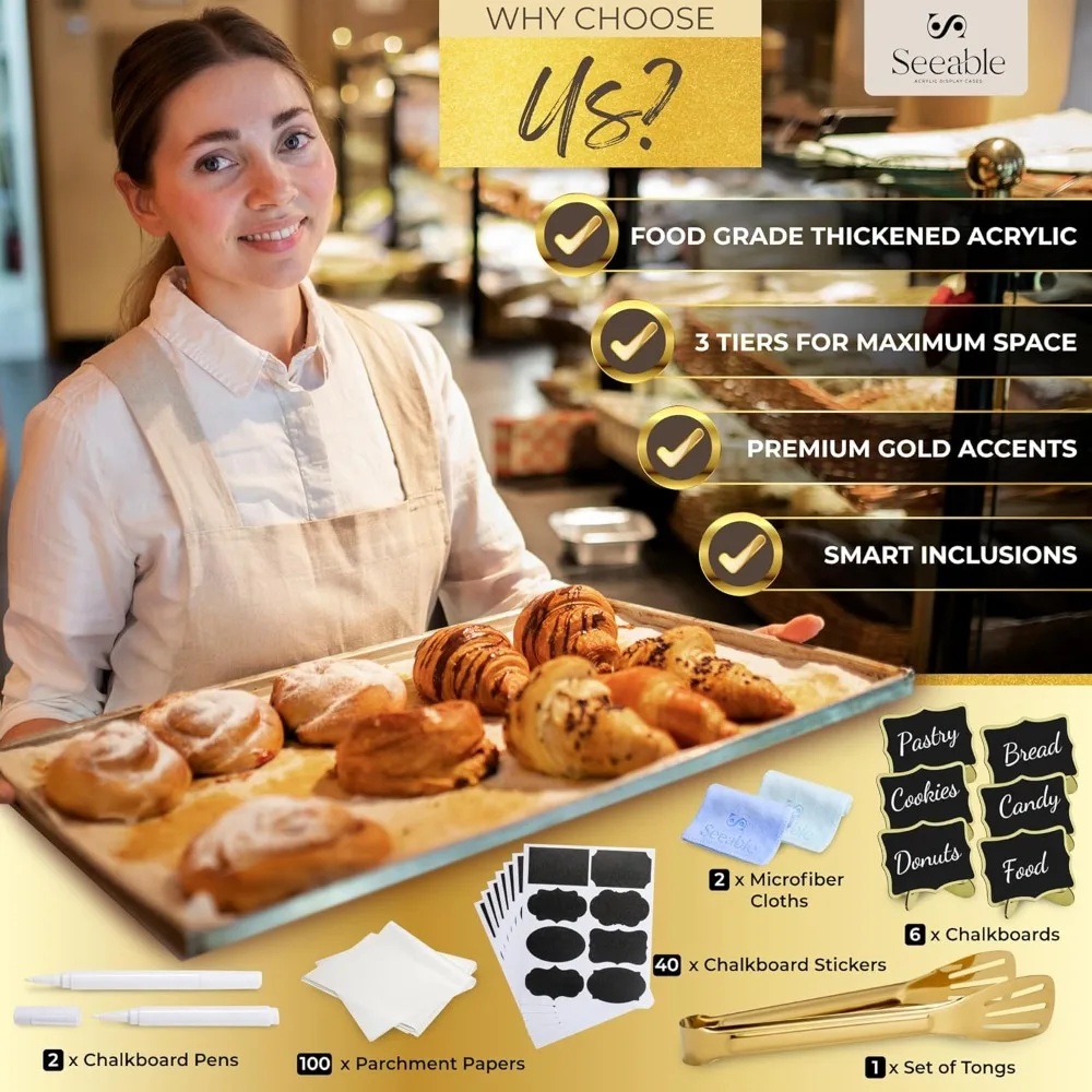 3-Tier Acrylic Bakery Display Case with Magnetic Doors, Removable Trays & Gold Accents for Desserts