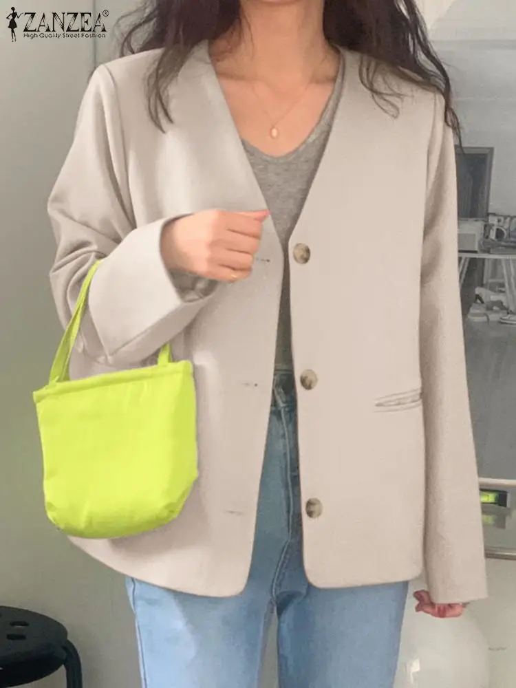 

Осенняя куртка ZANZEA с большими карманами, повседневный Блейзер 2023, Женский блейзер с длинным рукавом, корейская мода, офисные пальто, простой элегантный офисный костюм