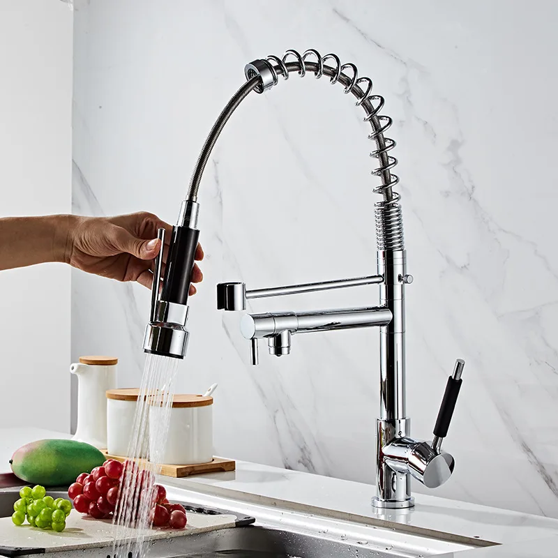 

Brass Kitchen Cold and Hot Sink Basin Vegetable Washing Basin Universal Rotation Water Outlet Double Spring Pull Faucet