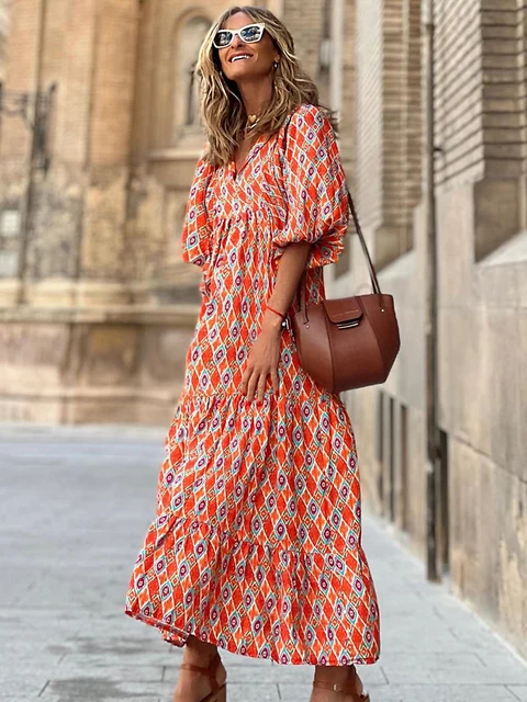 Summer Puff Sleeve Printed Long Dress Women Casual Loose Boho Dress Elegant  Maxi Beach Dress Female Vintage Ankle-length Dress - Dresses - AliExpress