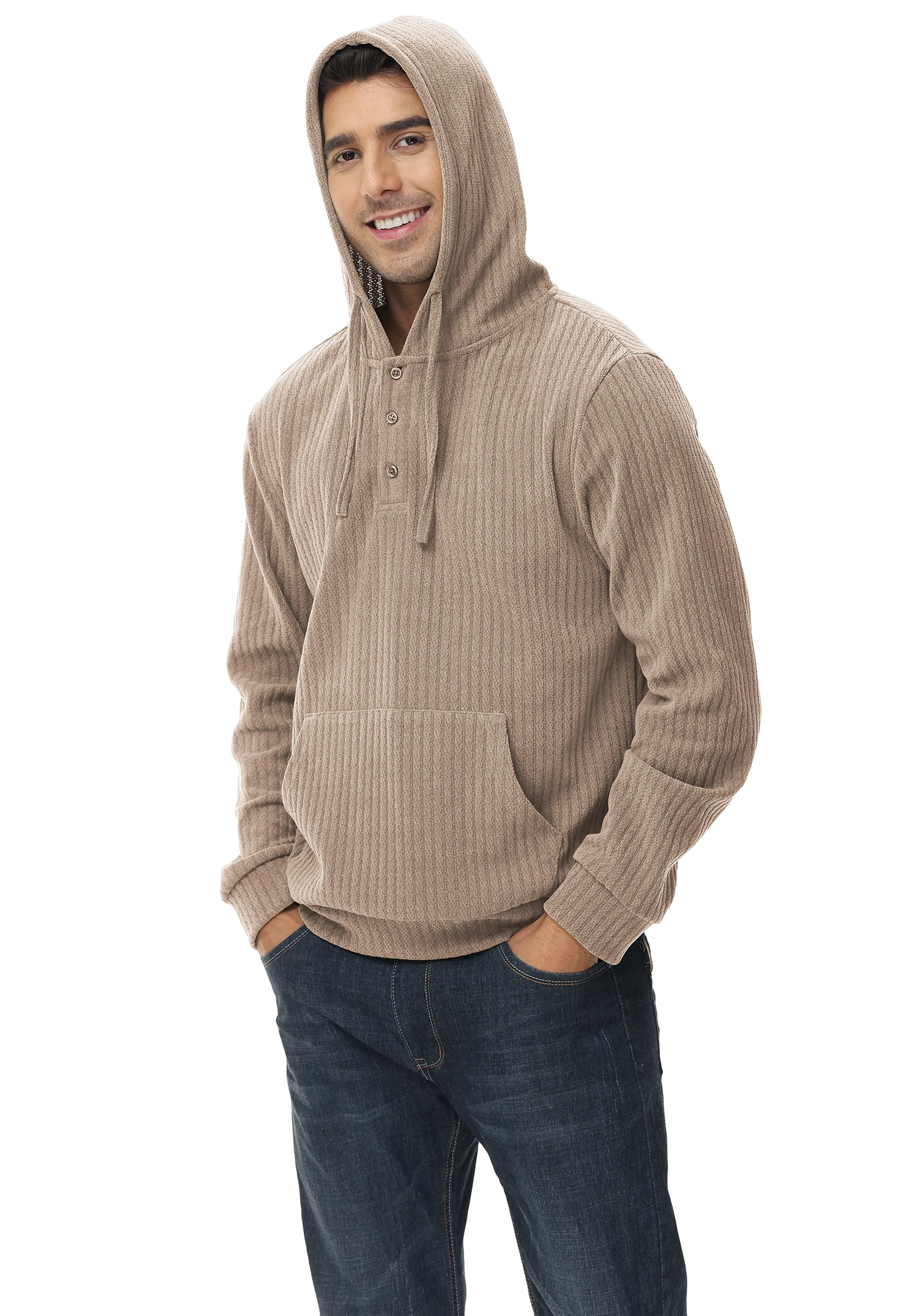 Solid Color Men's Hoodies Lightweight Button Neck Casual Pullover Sweatshirt With Kangaroo Pocket