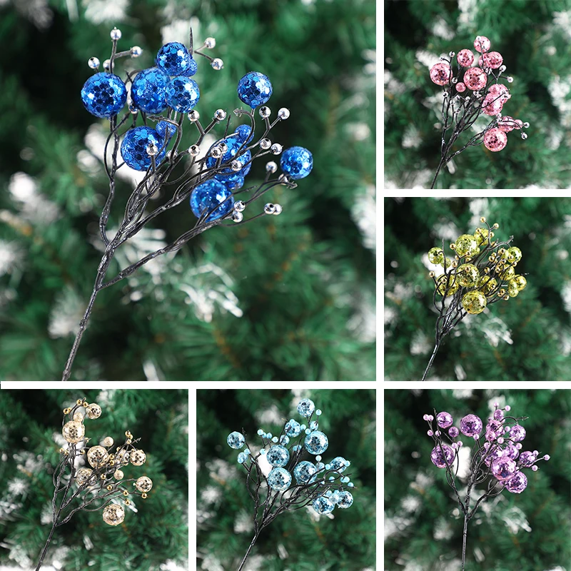 

New Christmas Artificial Tree Branches Glitter Sequin Berries Fake Flowers Ornament Home Xmas New Year Party Decor